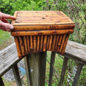 Vintage Bamboo Tortoise Shell Rattan Hinged Storage Box Cottage Core Boho Heavy